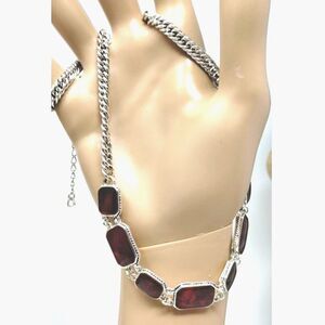 Liz Claiborne Necklace 18" Silver Tone Faux Ruby Stones Christmas Gift Jewelry